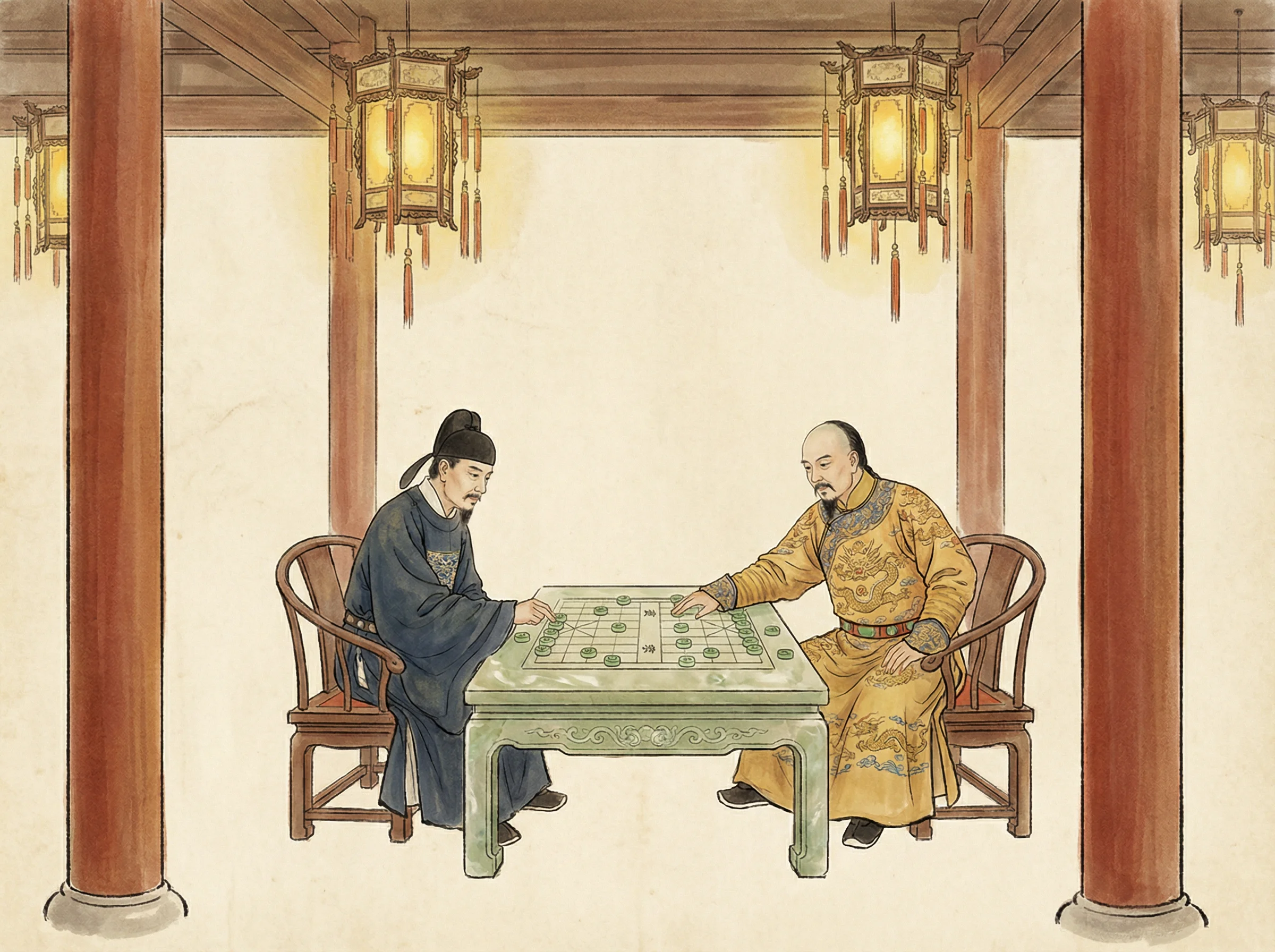 模拟皇帝与大臣在乾清宫御前对弈 麻将pg 的场景
